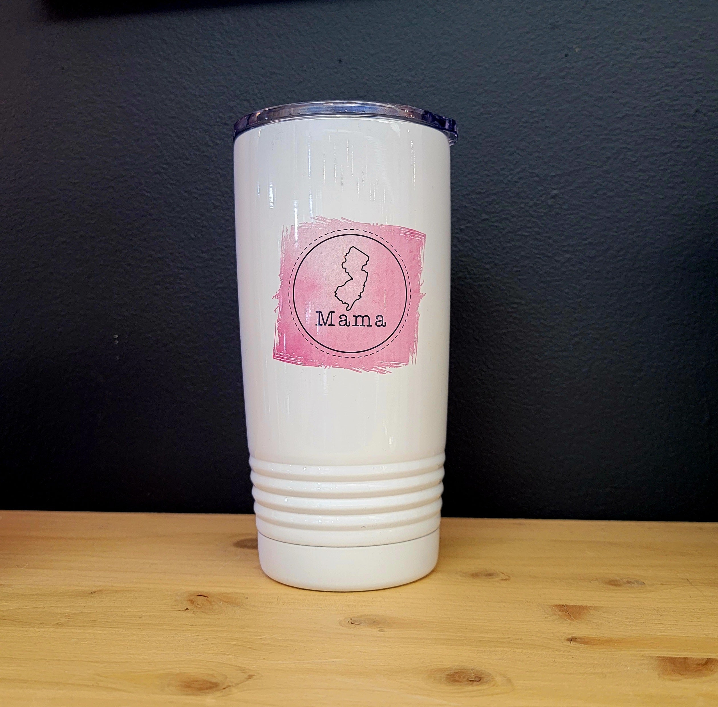 20 oz insulated cup for hot or cold beverages with NJ theme.