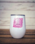12 oz insulated wine glass with plastic lid and New Jersey design.