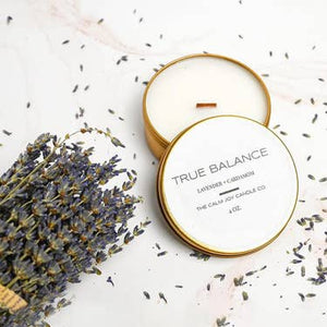 Coconut wax candle in 4 oz gold tin with wood wick