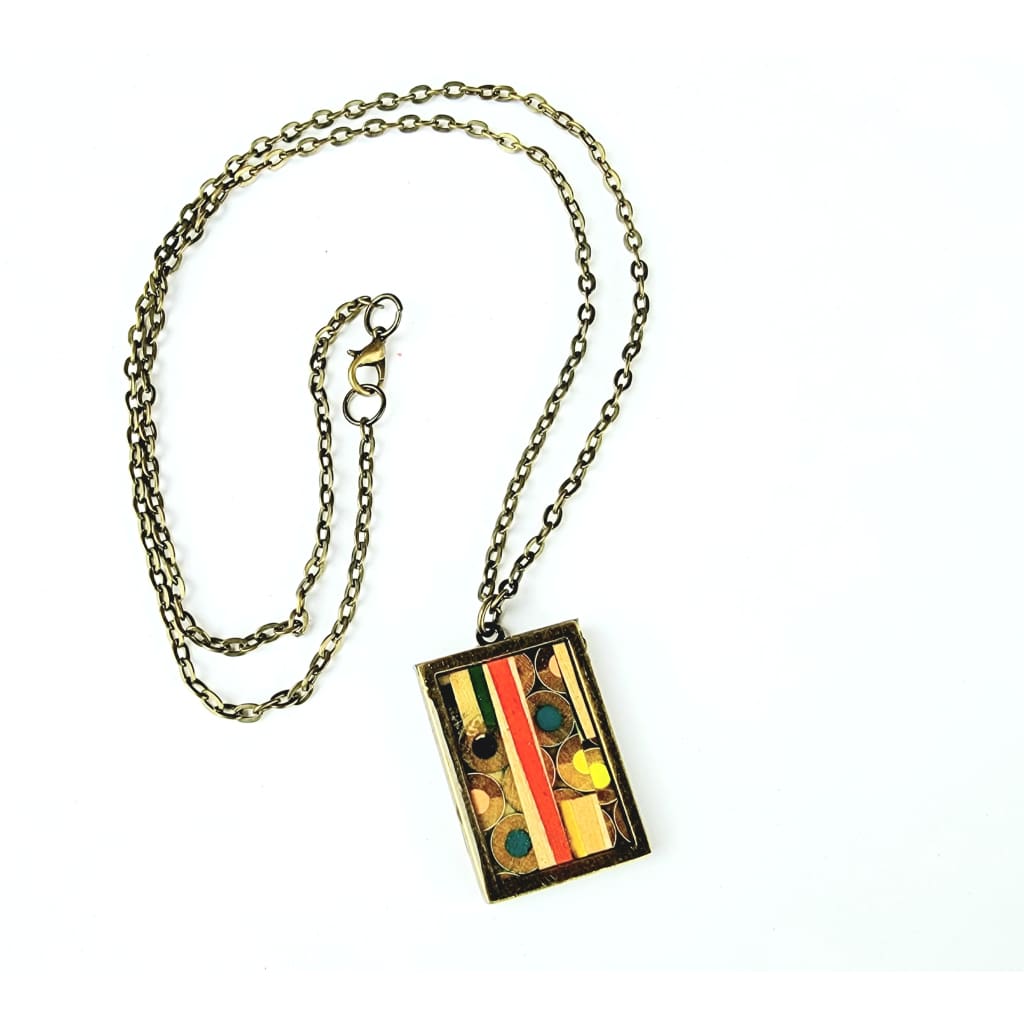 Colored Pencil &amp; Resin Brass Bezel Set Rectangle Pendant on 24 Chain - Jewelry &amp; Accessories