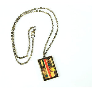 Colored Pencil & Resin Brass Bezel Set Rectangle Pendant on 24 Chain - Jewelry & Accessories