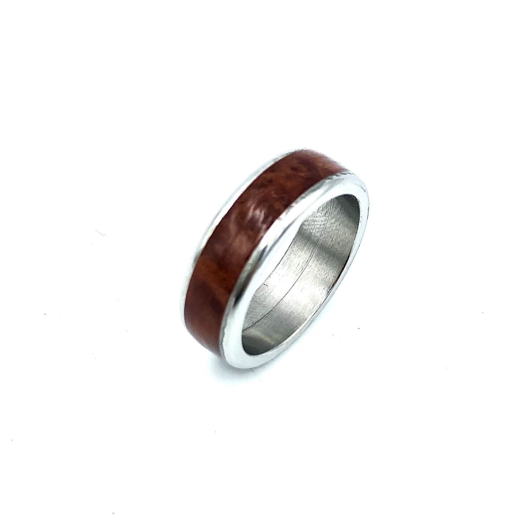 Custom Handmade Exotic Hardwood Insert Stainless Steel Ring - 8 / Amboyna - Jewelry &amp; Accessories