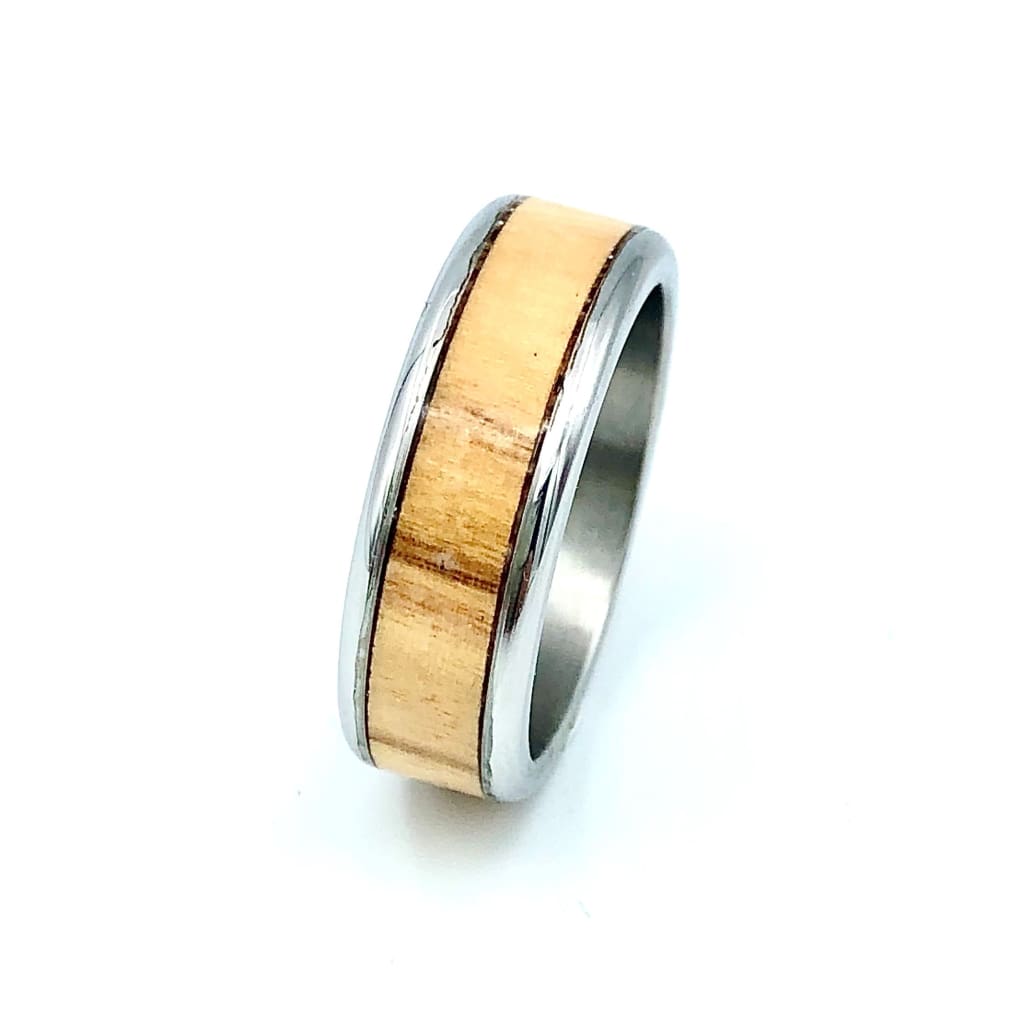 Custom Handmade Exotic Hardwood Insert Stainless Steel Ring - 8 / Olive Wood - Jewelry &amp; Accessories