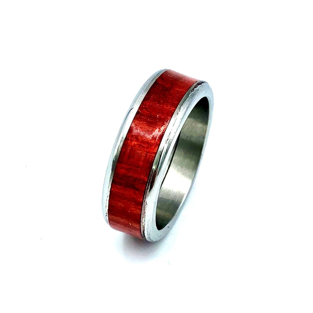 Custom Handmade Exotic Hardwood Insert Stainless Steel Ring - 8 / Redheart - Jewelry & Accessories