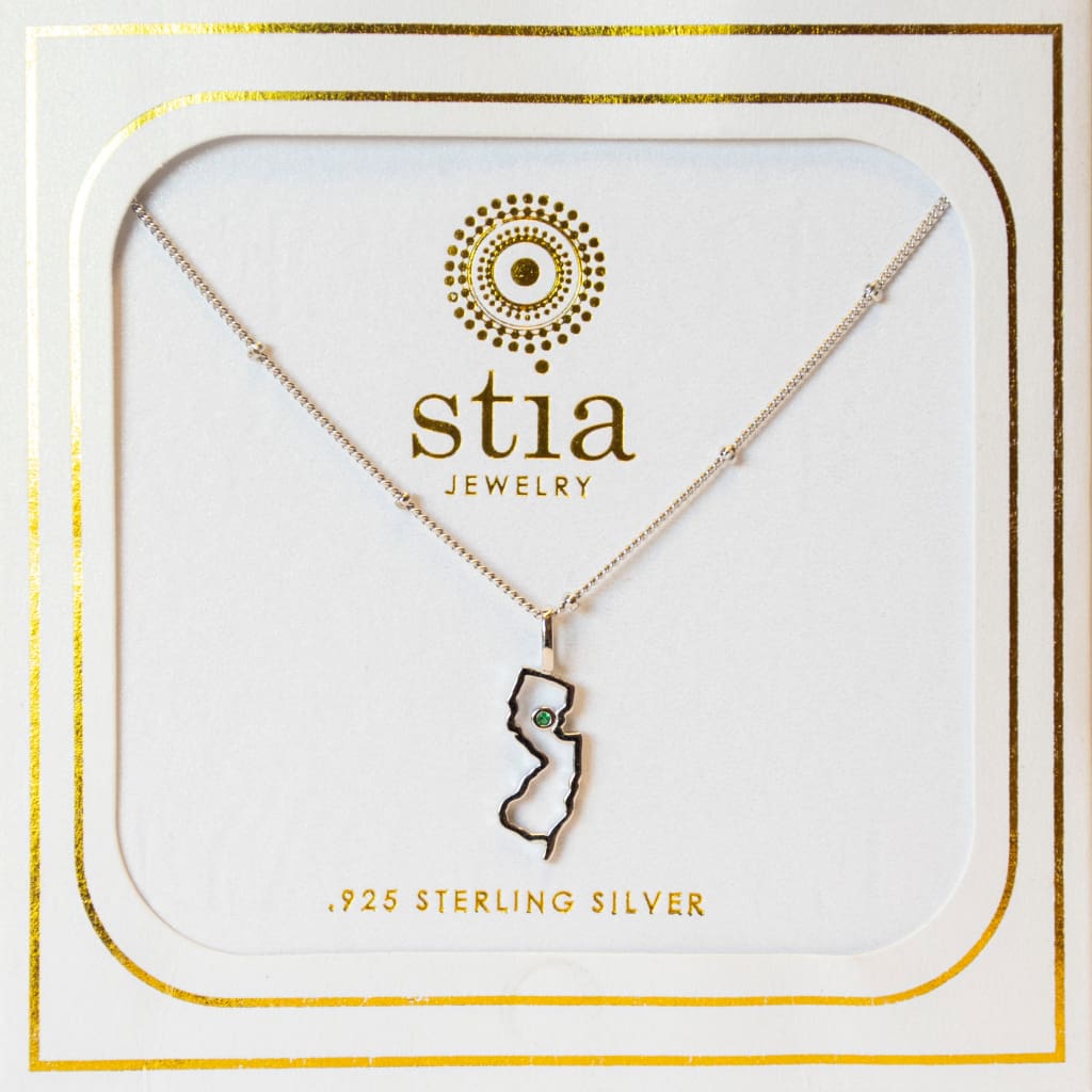 Cut it Out NJ Pendant Necklace with Gemstone - Silver / Emerald - Jewelry &amp; Accessories