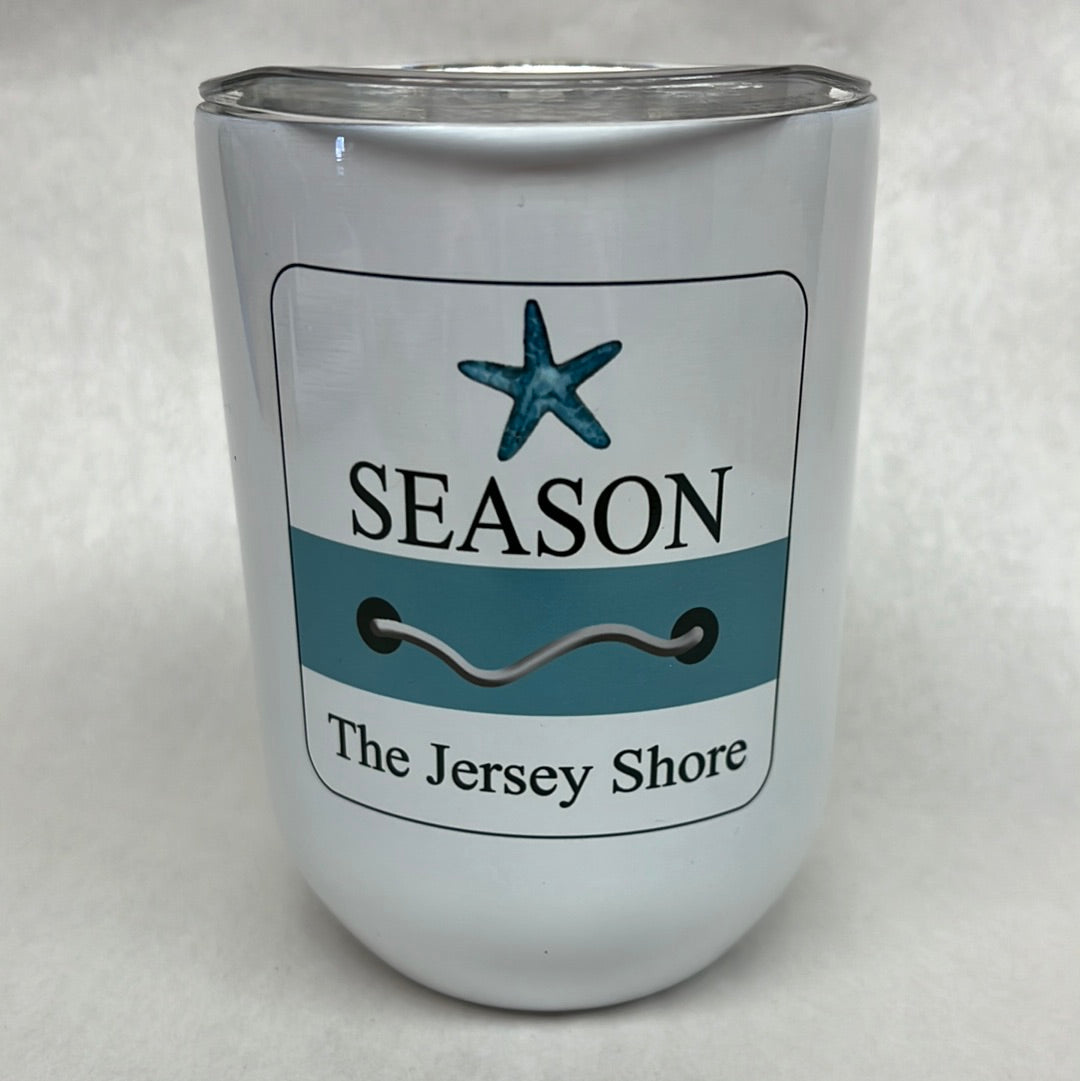 12 oz insulated wine glass with plastic lid and New Jersey design.