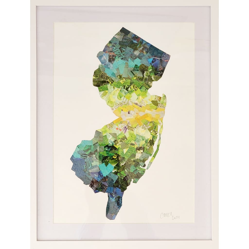 Large NJ Handcrafted Collage approx 14 x 18 - Blue-Green-Yellow - Prints &amp; Artwork