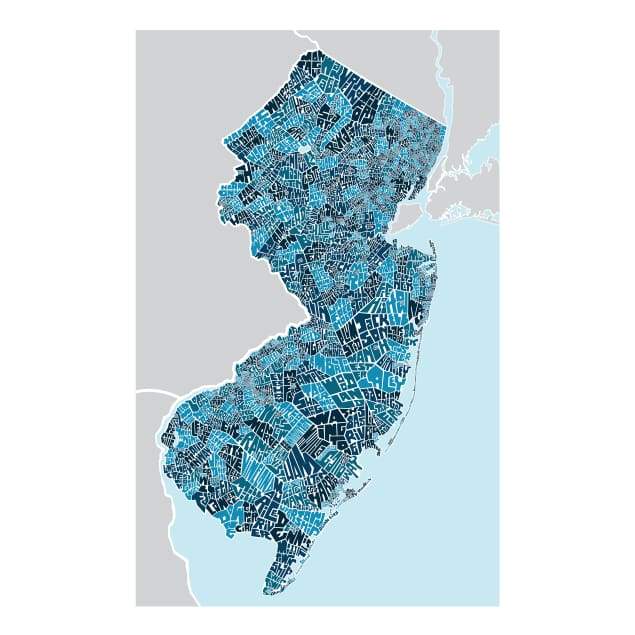 NJ Town Type Map giclee print unframed - 18x24 / Blues - Prints & Artwork